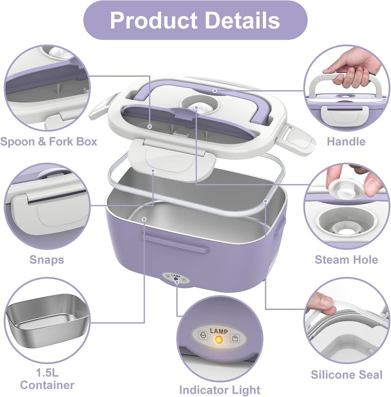 Vabaso Electric Lunch Box Food Heater, Electric Heating Lunch Boxes Lunch for Adults/Men/Car/Truck, 80W 1.5L Removable 304 Stainless Steel Container, 110V/12V/24V, with Fork & Spoon - Image 5